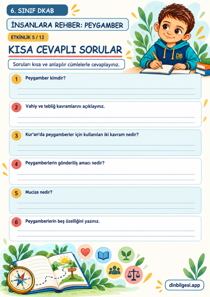 İnsanlara Rehber: Peygamber – Kısa Cevaplı Sorular Çalışma Kağıdı – 6. Sınıf DKAB