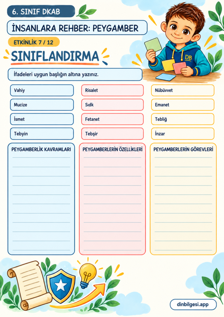 İnsanlara Rehber: Peygamber – Sınıflandırma Çalışma Kağıdı – 6. Sınıf DKAB