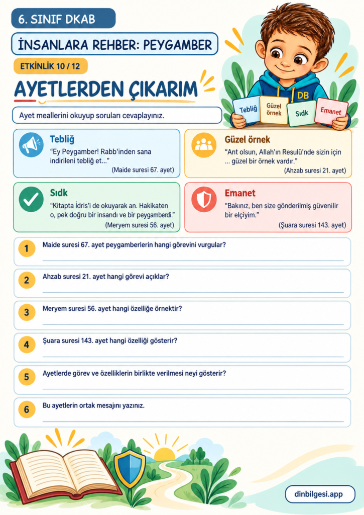 İnsanlara Rehber: Peygamber – Ayetlerden Çıkarım Çalışma Kağıdı – 6. Sınıf DKAB