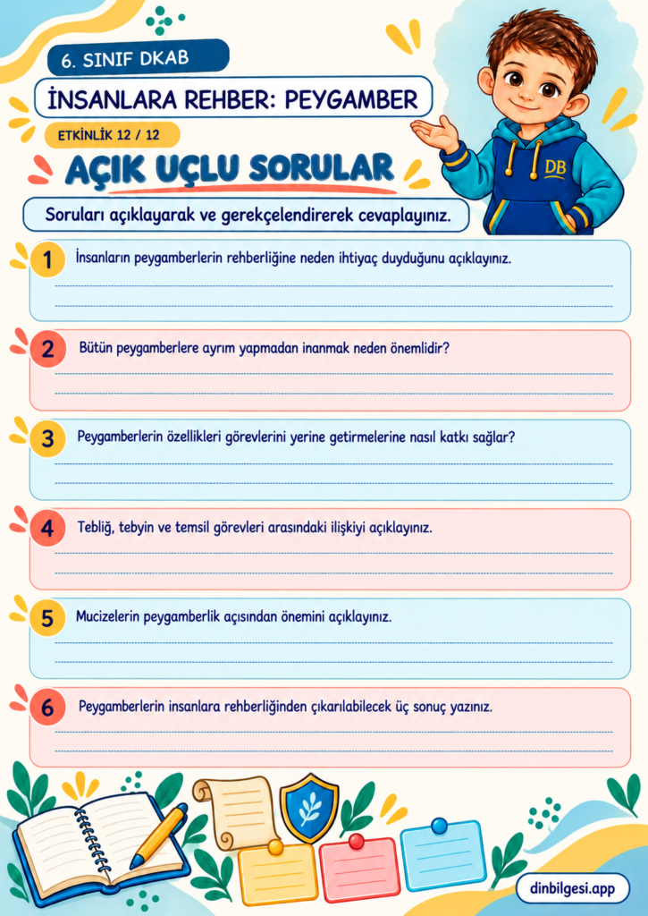 İnsanlara Rehber: Peygamber – Açık Uçlu Sorular Çalışma Kağıdı – 6. Sınıf DKAB