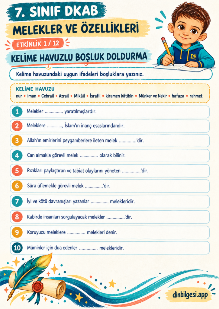 Melekler ve Özellikleri – Kelime Havuzlu Boşluk Doldurma Çalışma Kağıdı – 7. Sınıf DKAB