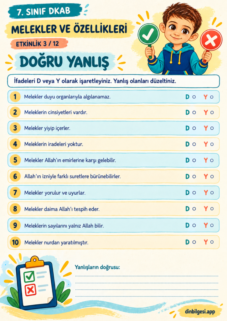 Melekler ve Özellikleri – Doğru Yanlış Çalışma Kağıdı – 7. Sınıf DKAB