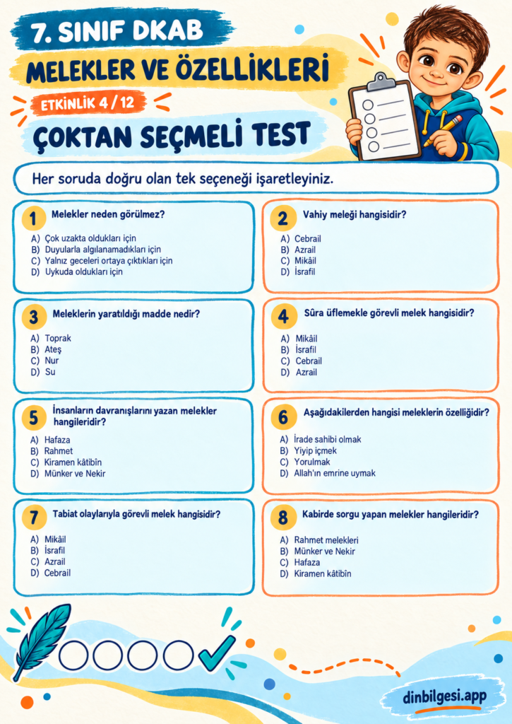Melekler ve Özellikleri – Çoktan Seçmeli Test Çalışma Kağıdı – 7. Sınıf DKAB