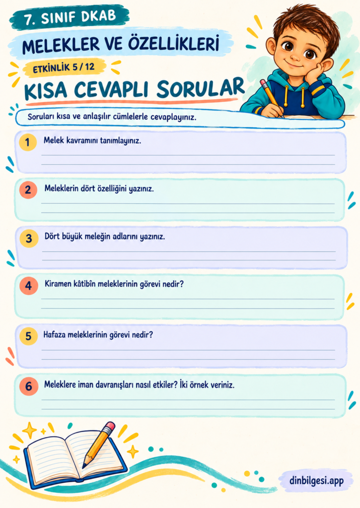Melekler ve Özellikleri – Kısa Cevaplı Sorular Çalışma Kağıdı – 7. Sınıf DKAB
