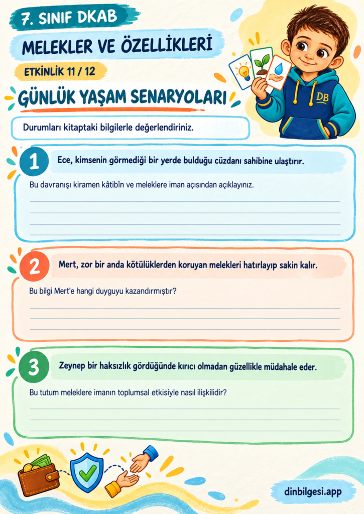 Melekler ve Özellikleri – Günlük Yaşam Senaryoları Çalışma Kağıdı – 7. Sınıf DKAB