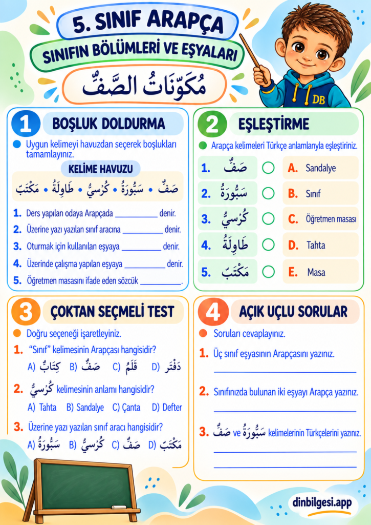Sınıfın Bölümleri ve Eşyaları Çalışma Kağıdı | 5. Sınıf Arapça