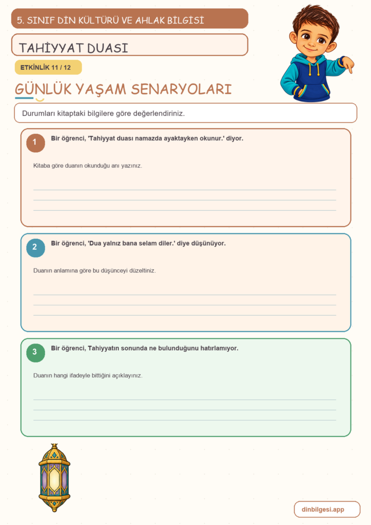 5. Sınıf Din Kültürü ve Ahlak Bilgisi – 2. Ünite Namaz – 4. Konu Bir Dua Öğreniyorum: Tahiyyat Duası Konu Özeti ve Etkinlik 11