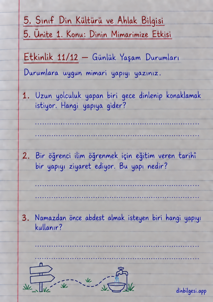 5. Sınıf Din Kültürü ve Ahlak Bilgisi – 5. Ünite Mimarimizde Dinî Motifler – 1. Konu Dinin Mimarimize Etkisi – Etkinlik 11: Günlük Yaşam Durumları