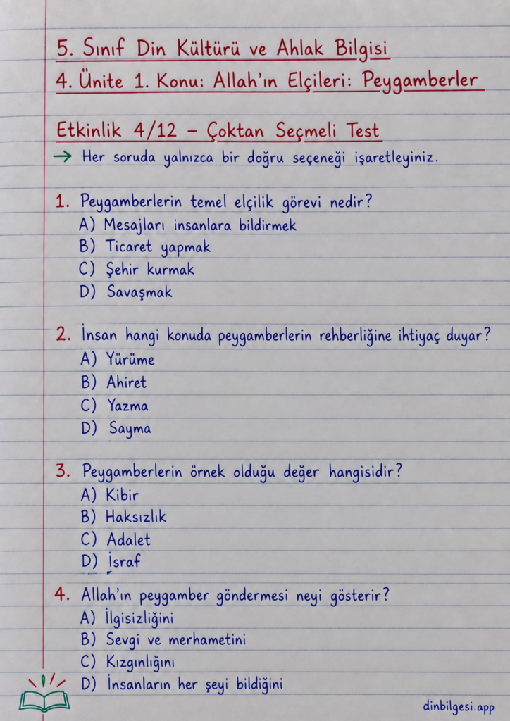 5. Sınıf Din Kültürü ve Ahlak Bilgisi – 4. Ünite Peygamber Kıssaları – 1. Konu Allah’ın Elçileri: Peygamberler – Etkinlik 4: Çoktan Seçmeli Test