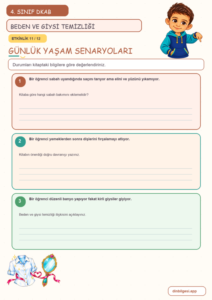 4. Sınıf Din Kültürü – 5. Ünite Din ve Temizlik – 2. Konu Bedenimi ve Giysilerimi Temiz Tutarım Konu Özeti ve Etkinlik 11