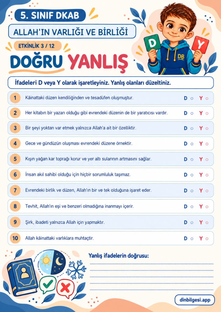 Allah’ın Varlığı ve Birliği – Doğru Yanlış Çalışma Kağıdı – 5. Sınıf DKAB