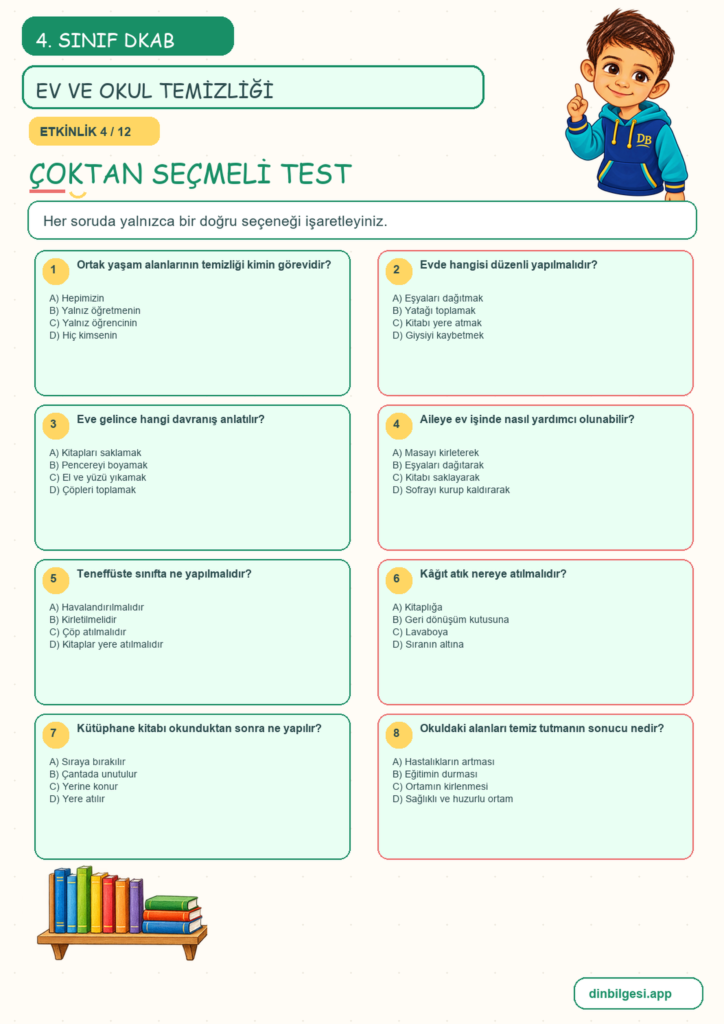 4. Sınıf Din Kültürü – 5. Ünite Din ve Temizlik – 3. Konu Evimi ve Okulumu Temiz Tutarım Konu Özeti ve Etkinlik 4