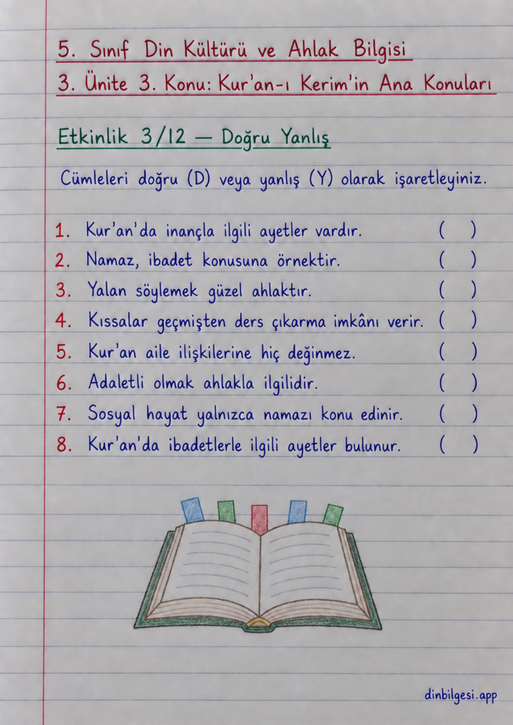 5. Sınıf Din Kültürü ve Ahlak Bilgisi – 3. Ünite Kur’an-ı Kerim – 3. Konu Kur’an-ı Kerim’in Ana Konuları – Etkinlik 3: Doğru Yanlış