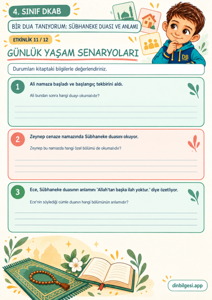 Bir Dua Tanıyorum: Sübhaneke Duası ve Anlamı – Günlük Yaşam Senaryoları Çalışma Kağıdı – 4. Sınıf DKAB