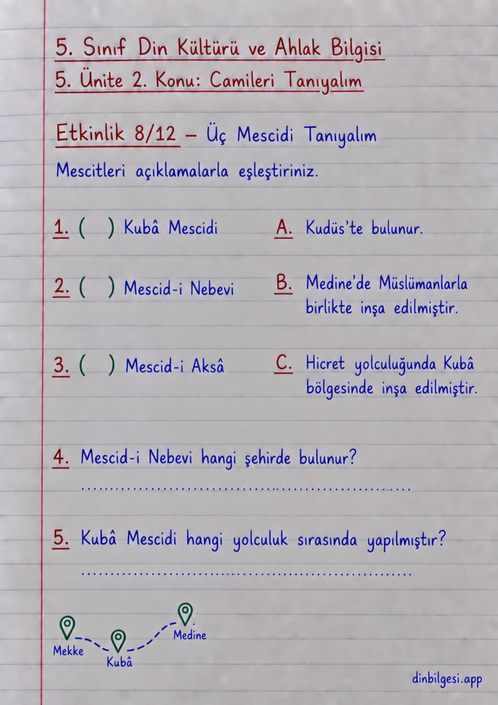 5. Sınıf Din Kültürü ve Ahlak Bilgisi – 5. Ünite Mimarimizde Dinî Motifler – 2. Konu Camileri Tanıyalım – Etkinlik 8: Üç Mescidi Tanıyalım