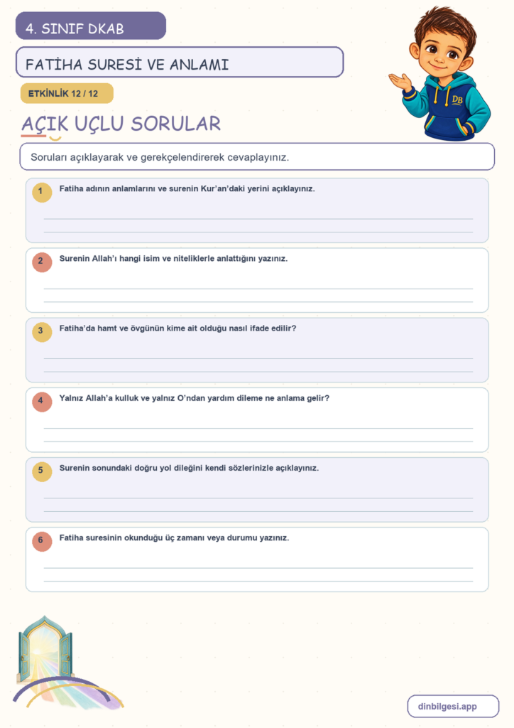 4. Sınıf Din Kültürü – 3. Ünite Güzel Ahlak – 3. Konu Bir Sure Tanıyorum: Fatiha Suresi ve Anlamı Konu Özeti ve Etkinlik 12