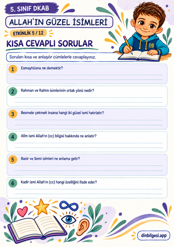Allah’ın Güzel İsimleri – Kısa Cevaplı Sorular Çalışma Kağıdı – 5. Sınıf DKAB