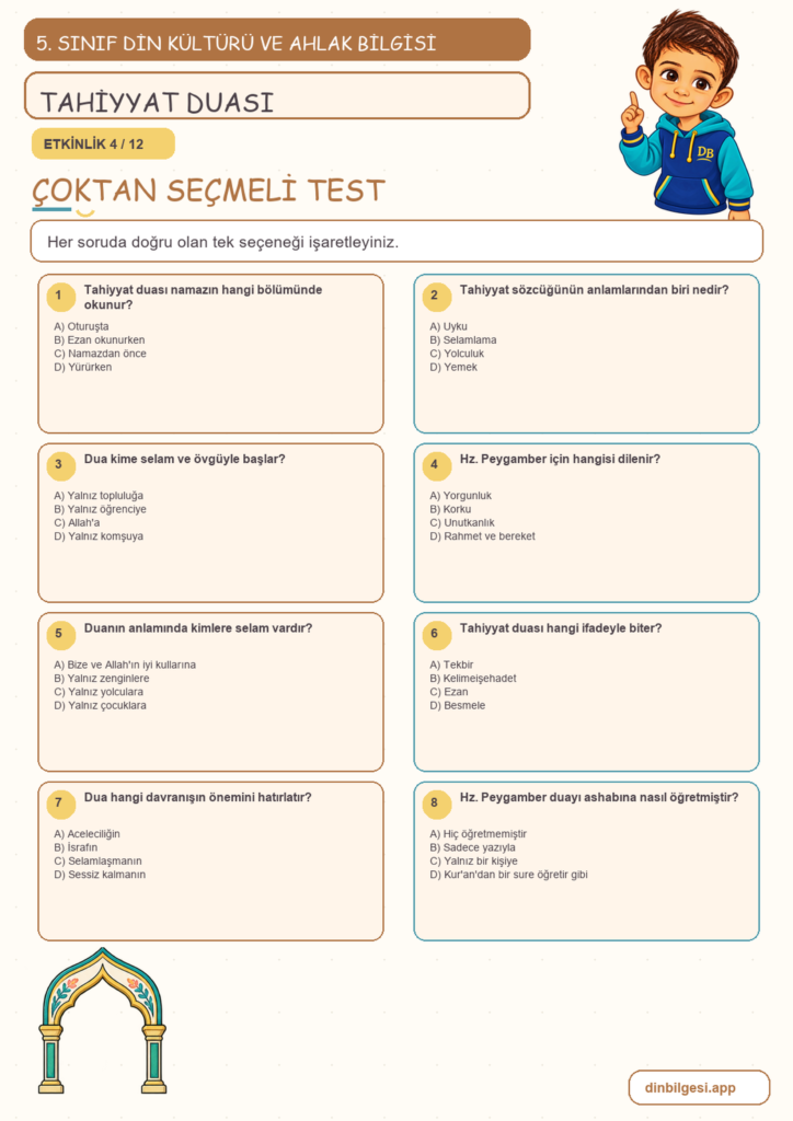 5. Sınıf Din Kültürü ve Ahlak Bilgisi – 2. Ünite Namaz – 4. Konu Bir Dua Öğreniyorum: Tahiyyat Duası Konu Özeti ve Etkinlik 4