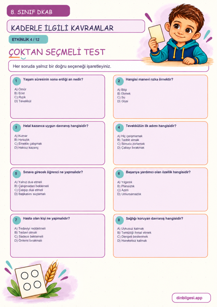 8. Sınıf Din Kültürü – 1. Ünite Kader İnancı – 3. Konu Kaderle İlgili Kavramlar – Etkinlik 04: Çoktan Seçmeli Test