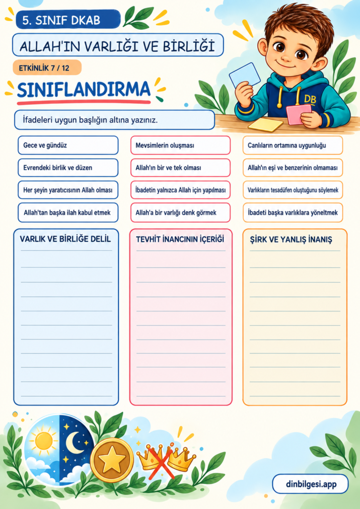 Allah’ın Varlığı ve Birliği – Sınıflandırma Çalışma Kağıdı – 5. Sınıf DKAB
