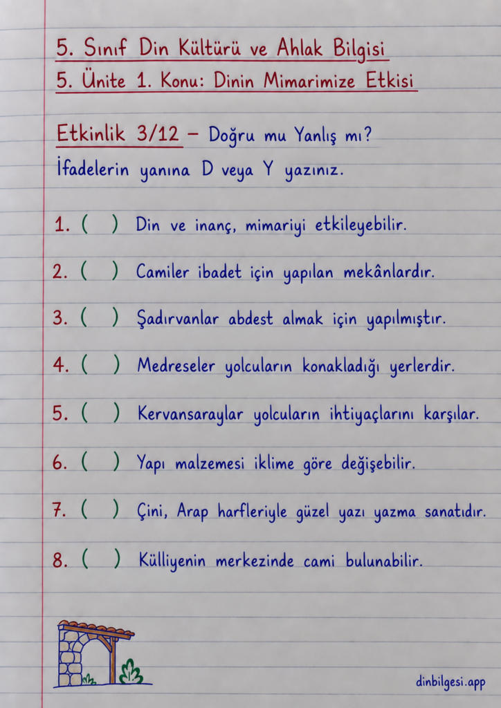 5. Sınıf Din Kültürü ve Ahlak Bilgisi – 5. Ünite Mimarimizde Dinî Motifler – 1. Konu Dinin Mimarimize Etkisi – Etkinlik 3: Doğru Yanlış