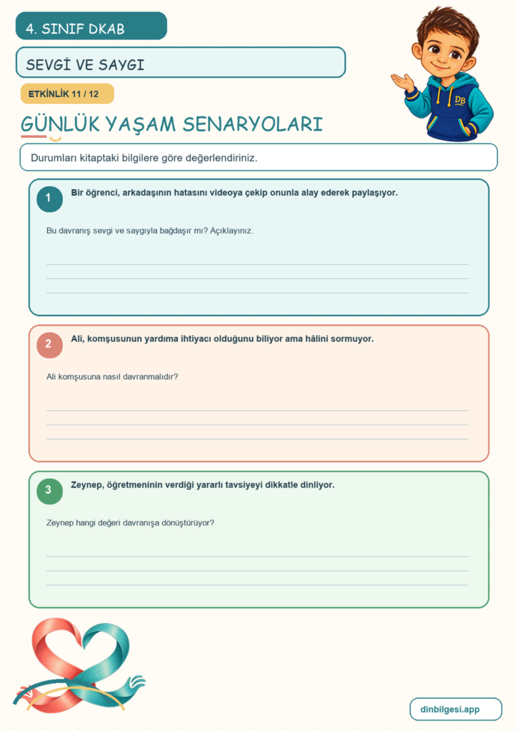 4. Sınıf Din Kültürü – 3. Ünite Güzel Ahlak – 2. Konu İnsani İlişkilerin Temeli: Sevgi ve Saygı Konu Özeti ve Etkinlik 11