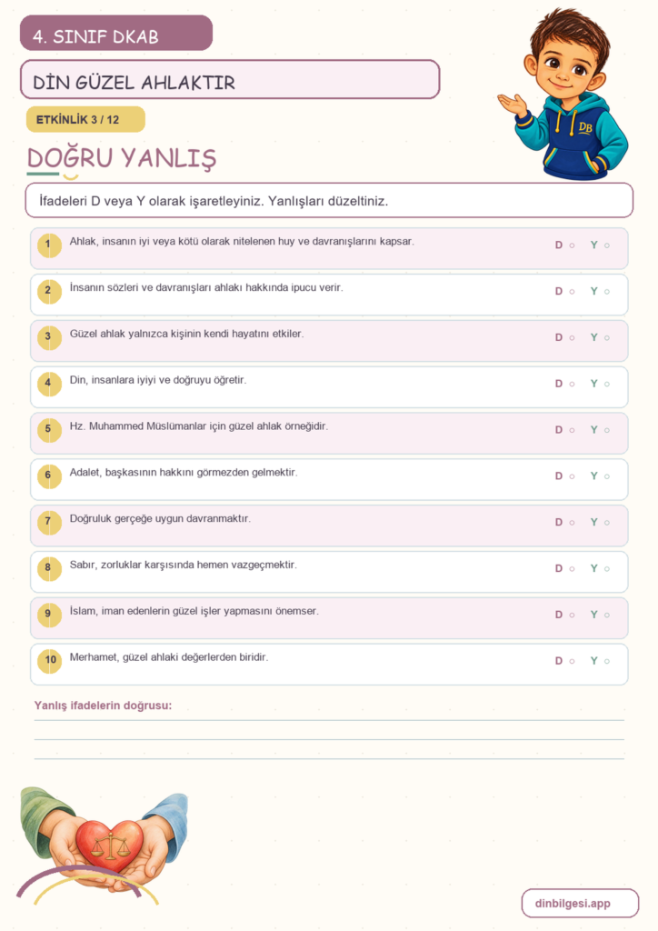 4. Sınıf Din Kültürü – 3. Ünite Güzel Ahlak – 1. Konu Din Güzel Ahlaktır Konu Özeti ve Etkinlik 3