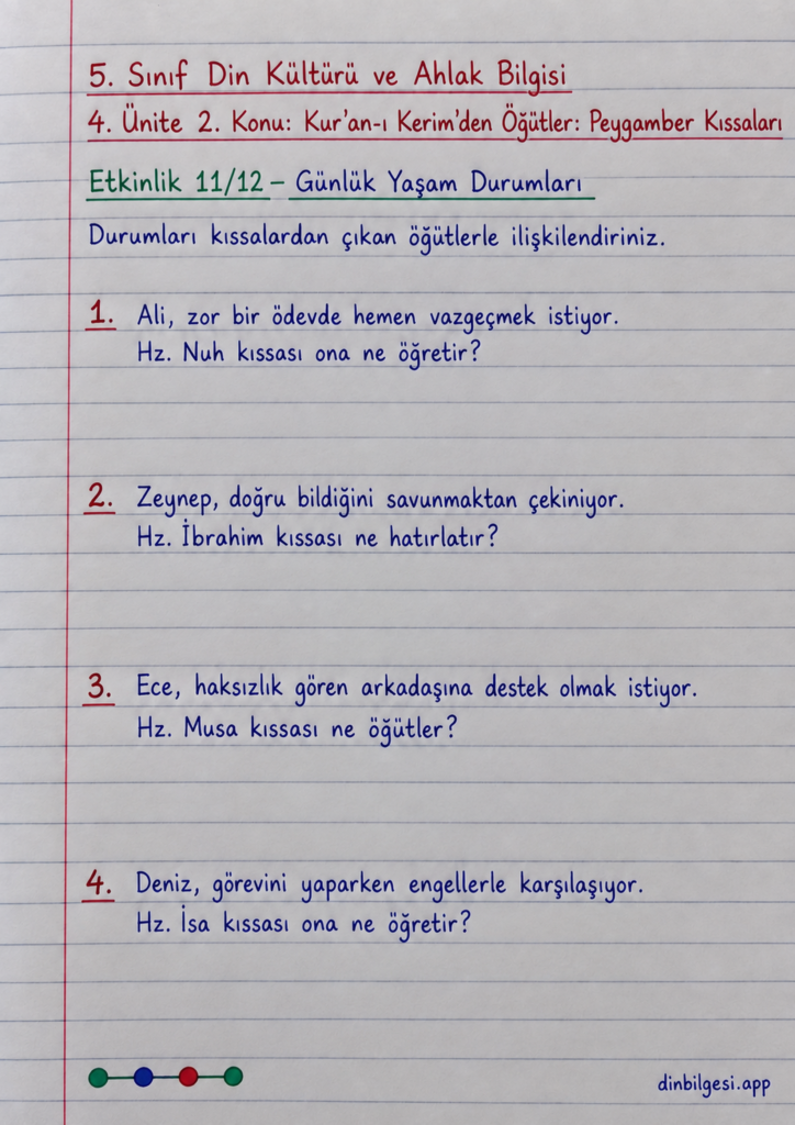 5. Sınıf Din Kültürü ve Ahlak Bilgisi – 4. Ünite Peygamber Kıssaları – 2. Konu Kur’an-ı Kerim’den Öğütler: Peygamber Kıssaları – Etkinlik 11: Günlük Yaşam Durumları
