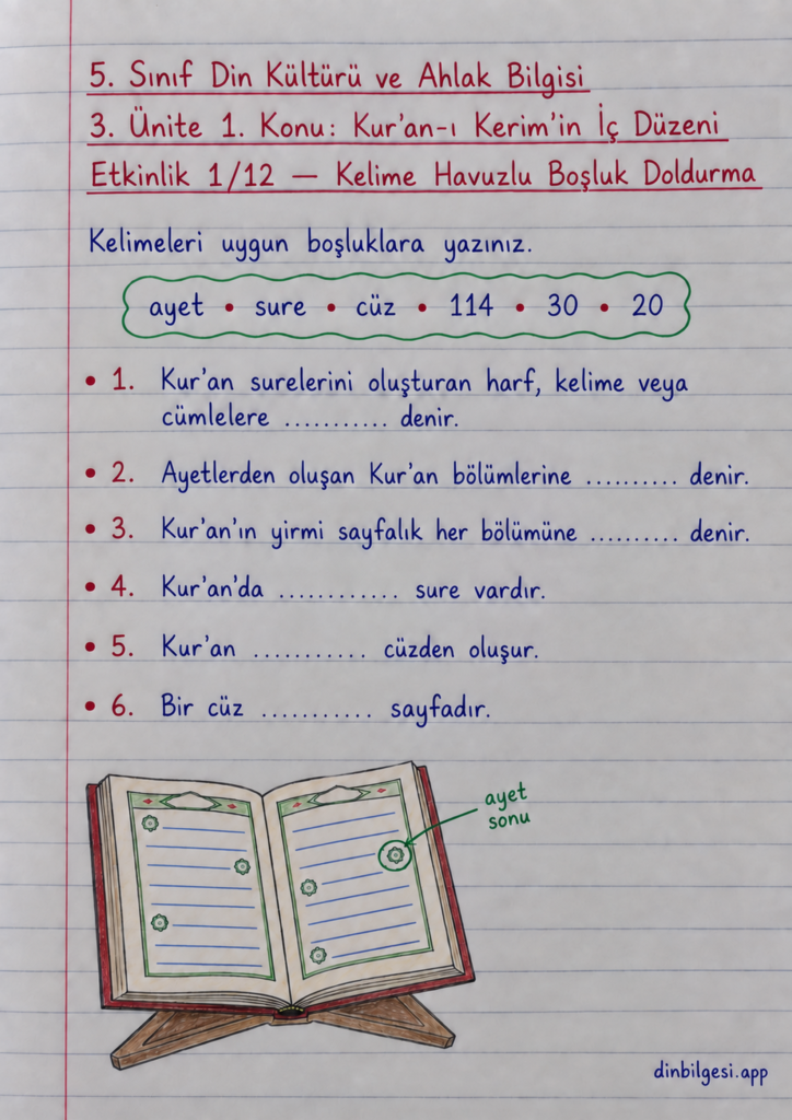 5. Sınıf Din Kültürü ve Ahlak Bilgisi – 3. Ünite Kur’an-ı Kerim – 1. Konu Kur’an-ı Kerim’in İç Düzeni – Etkinlik 1: Kelime Havuzlu Boşluk Doldurma