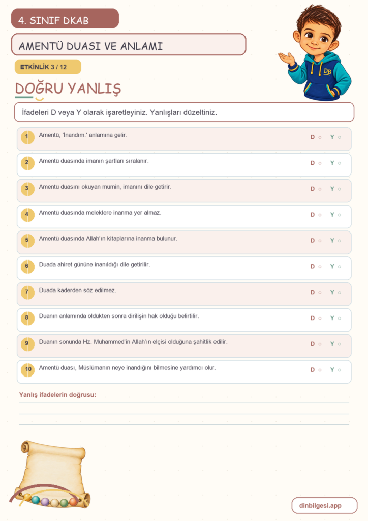 4. Sınıf Din Kültürü – 2. Ünite İslam’ı Tanıyalım – 4. Konu Bir Dua Tanıyorum: Amentü Duası ve Anlamı Konu Özeti ve Etkinlik 3