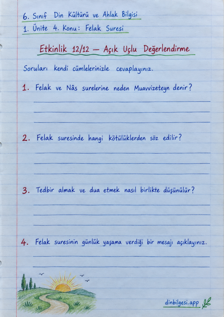 6. Sınıf Din Kültürü ve Ahlak Bilgisi – 1. Ünite Peygamber ve İlahi Kitap İnancı – 4. Konu Bir Sure Öğreniyorum: Felak Suresi Konu Özeti ve Etkinlik 12: Açık Uçlu Değerlendirme