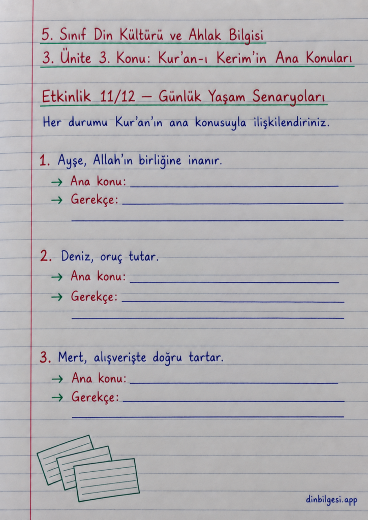 5. Sınıf Din Kültürü ve Ahlak Bilgisi – 3. Ünite Kur’an-ı Kerim – 3. Konu Kur’an-ı Kerim’in Ana Konuları – Etkinlik 11: Günlük Yaşam Senaryoları