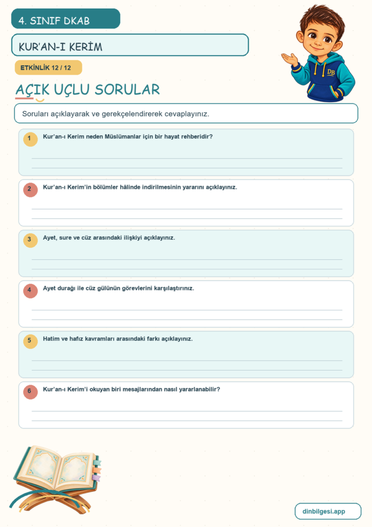 4. Sınıf Din Kültürü – 2. Ünite İslam’ı Tanıyalım – 3. Konu Kur’an-ı Kerim Konu Özeti ve Etkinlik 12
