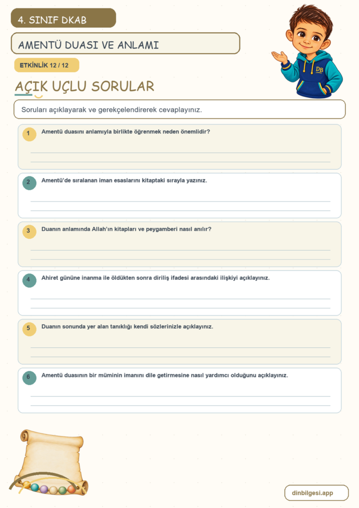 4. Sınıf Din Kültürü – 2. Ünite İslam’ı Tanıyalım – 4. Konu Bir Dua Tanıyorum: Amentü Duası ve Anlamı Konu Özeti ve Etkinlik 12