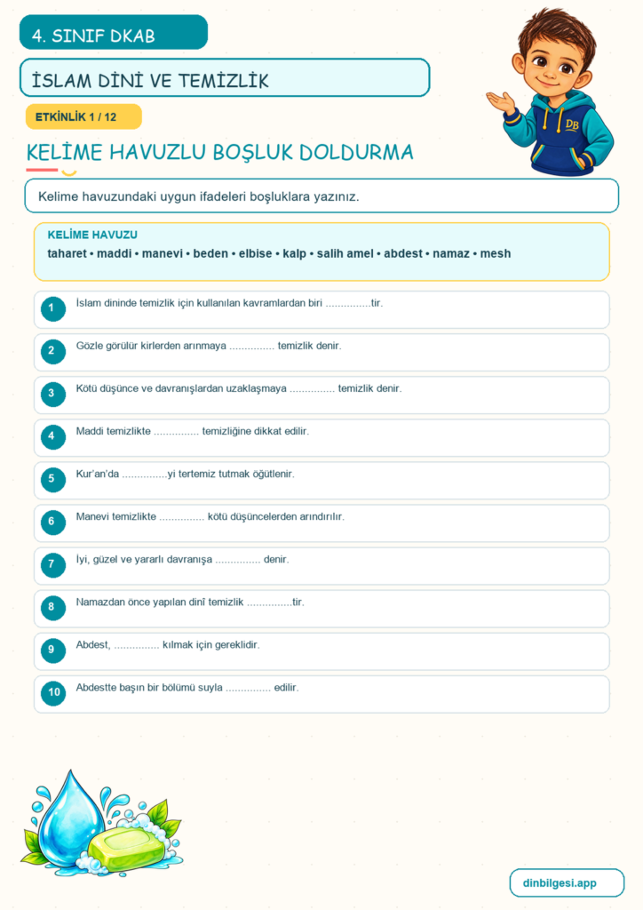4. Sınıf Din Kültürü – 5. Ünite Din ve Temizlik – 1. Konu İslam Dini ve Temizlik Konu Özeti ve Etkinlik 1