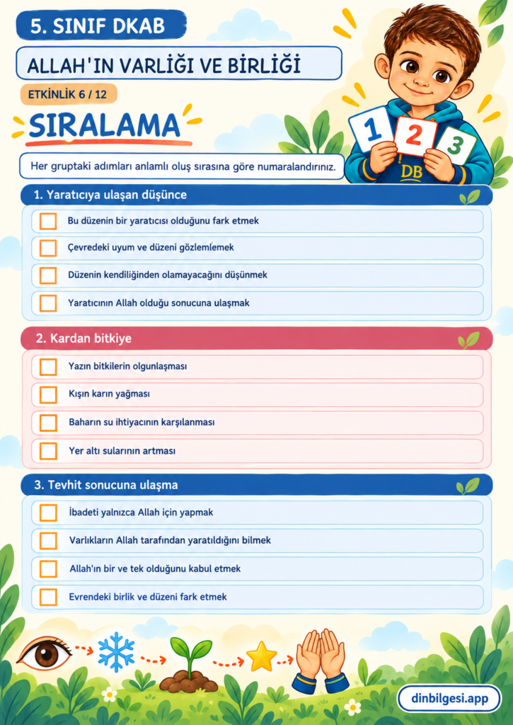 Allah’ın Varlığı ve Birliği – Sıralama Çalışma Kağıdı – 5. Sınıf DKAB