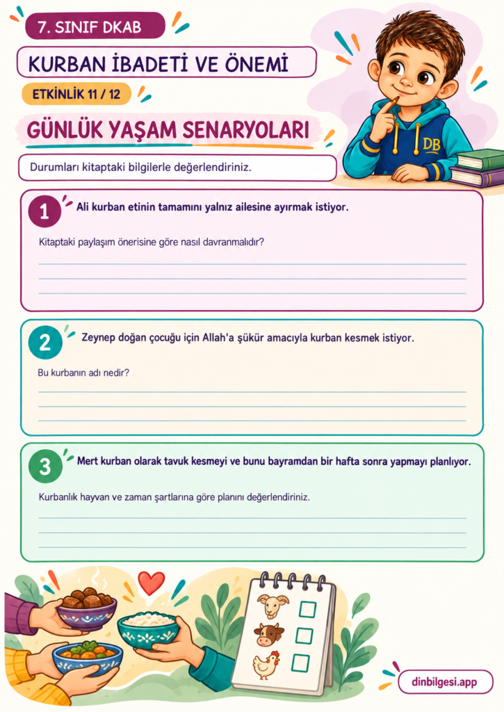 Kurban İbadeti ve Önemi – Günlük Yaşam Senaryoları Çalışma Kağıdı – 7. Sınıf DKAB