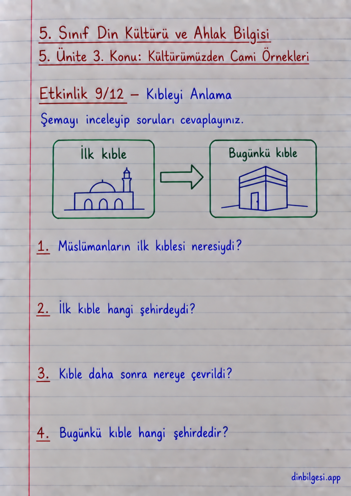 5. Sınıf Din Kültürü ve Ahlak Bilgisi – 5. Ünite Mimarimizde Dinî Motifler – 3. Konu Kültürümüzden Cami Örnekleri – Etkinlik 9: Kıbleyi Anlama