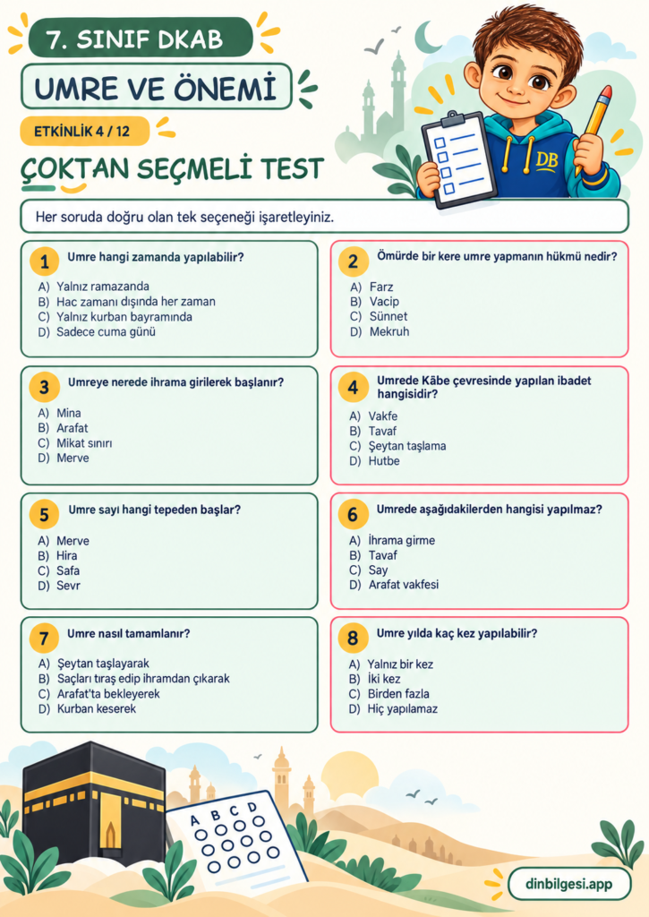 Umre ve Önemi – Çoktan Seçmeli Test Çalışma Kağıdı – 7. Sınıf DKAB