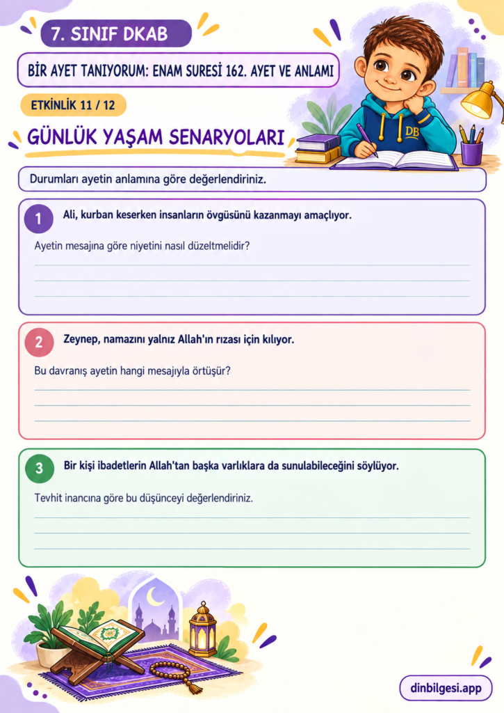 7. Sınıf Din Kültürü – 2. Ünite Hac ve Kurban – 6. Konu Bir Ayet Tanıyorum: Enam Suresi 162. Ayet ve Anlamı – Etkinlik 11: Günlük Yaşam Senaryoları