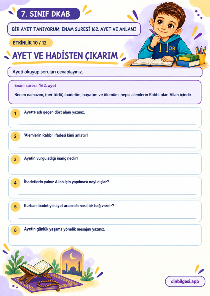 7. Sınıf Din Kültürü – 2. Ünite Hac ve Kurban – 6. Konu Bir Ayet Tanıyorum: Enam Suresi 162. Ayet ve Anlamı – Etkinlik 10: Metinden Çıkarım