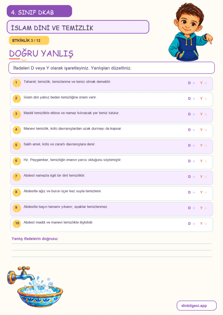 4. Sınıf Din Kültürü – 5. Ünite Din ve Temizlik – 1. Konu İslam Dini ve Temizlik Konu Özeti ve Etkinlik 3