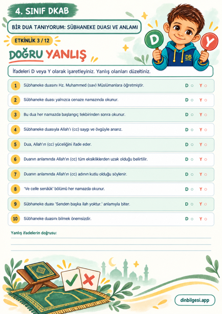 Bir Dua Tanıyorum: Sübhaneke Duası ve Anlamı – Doğru Yanlış Çalışma Kağıdı – 4. Sınıf DKAB