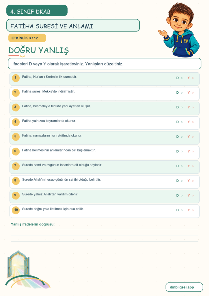 4. Sınıf Din Kültürü – 3. Ünite Güzel Ahlak – 3. Konu Bir Sure Tanıyorum: Fatiha Suresi ve Anlamı Konu Özeti ve Etkinlik 3