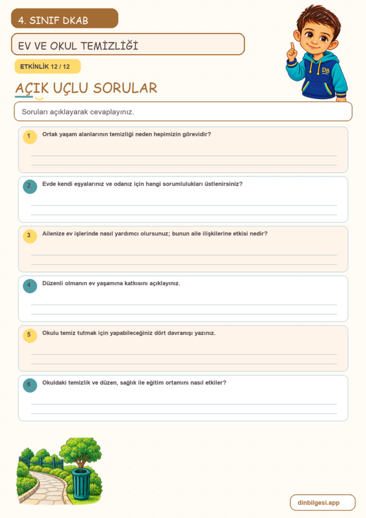 4. Sınıf Din Kültürü – 5. Ünite Din ve Temizlik – 3. Konu Evimi ve Okulumu Temiz Tutarım Konu Özeti ve Etkinlik 12