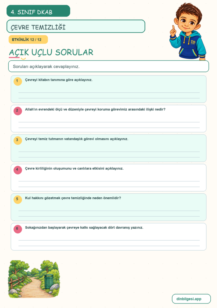 4. Sınıf Din Kültürü – 5. Ünite Din ve Temizlik – 4. Konu Çevremi Temiz Tutarım Konu Özeti ve Etkinlik 12