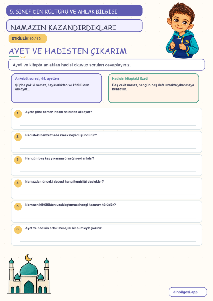 5. Sınıf Din Kültürü ve Ahlak Bilgisi – 2. Ünite Namaz – 3. Konu Namaz İbadetinin İnsana Kazandırdıkları Konu Özeti ve Etkinlik 10