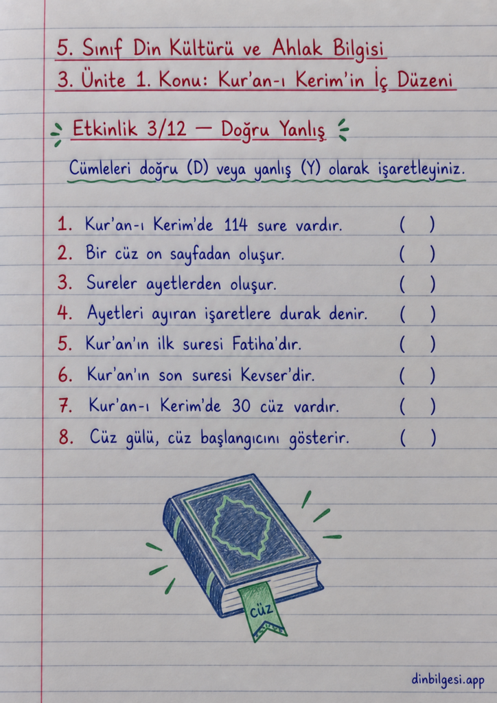 5. Sınıf Din Kültürü ve Ahlak Bilgisi – 3. Ünite Kur’an-ı Kerim – 1. Konu Kur’an-ı Kerim’in İç Düzeni – Etkinlik 3: Doğru Yanlış