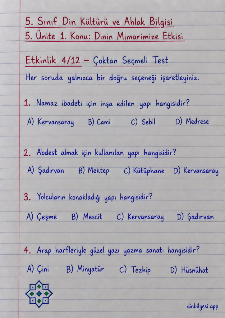 5. Sınıf Din Kültürü ve Ahlak Bilgisi – 5. Ünite Mimarimizde Dinî Motifler – 1. Konu Dinin Mimarimize Etkisi – Etkinlik 4: Çoktan Seçmeli Test