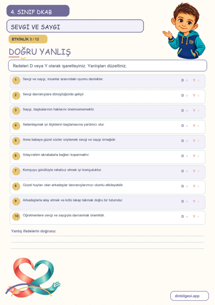 4. Sınıf Din Kültürü – 3. Ünite Güzel Ahlak – 2. Konu İnsani İlişkilerin Temeli: Sevgi ve Saygı Konu Özeti ve Etkinlik 3